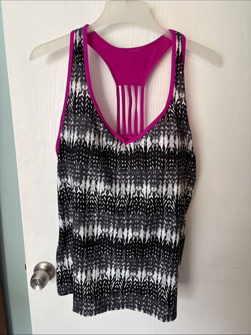 Black & White Patterned Racerback Tankini Top with Magenta Trim